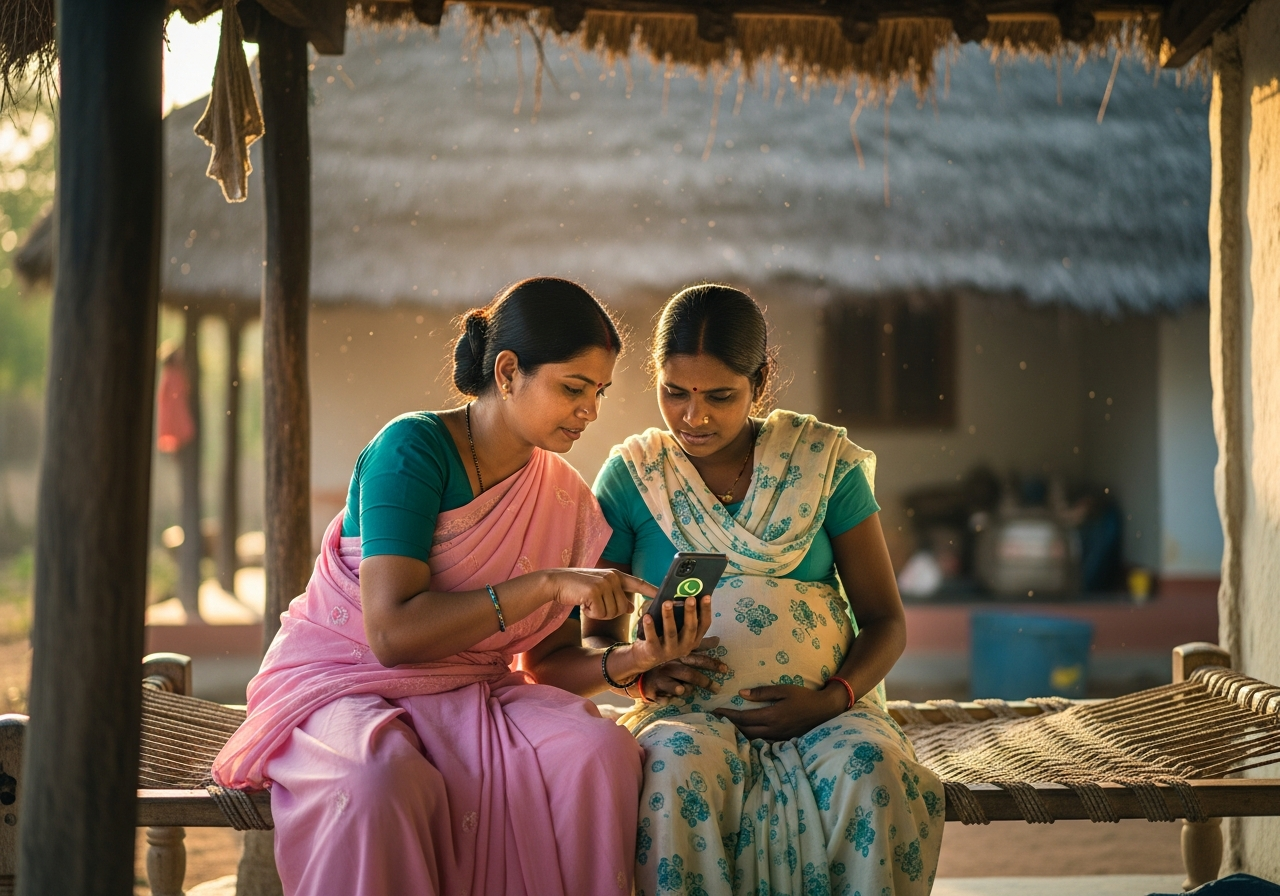 An ASHA health worker in a pink saree sitting beside a pregnant woman, showing her a WhatsApp message on a phone.