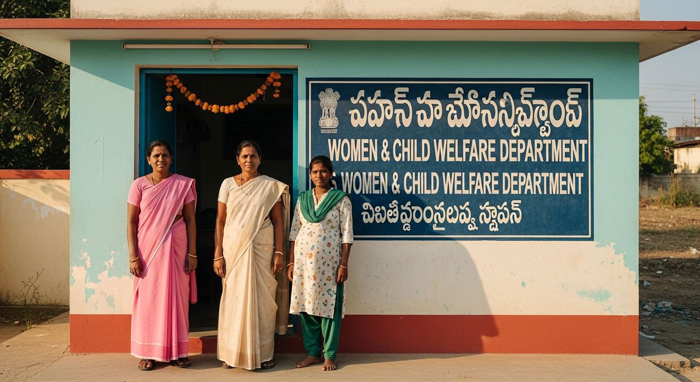 An ASHA worker, a Women and Child Welfare Department officer, and a young pregnant woman standing together outside a district health office in Telangana.