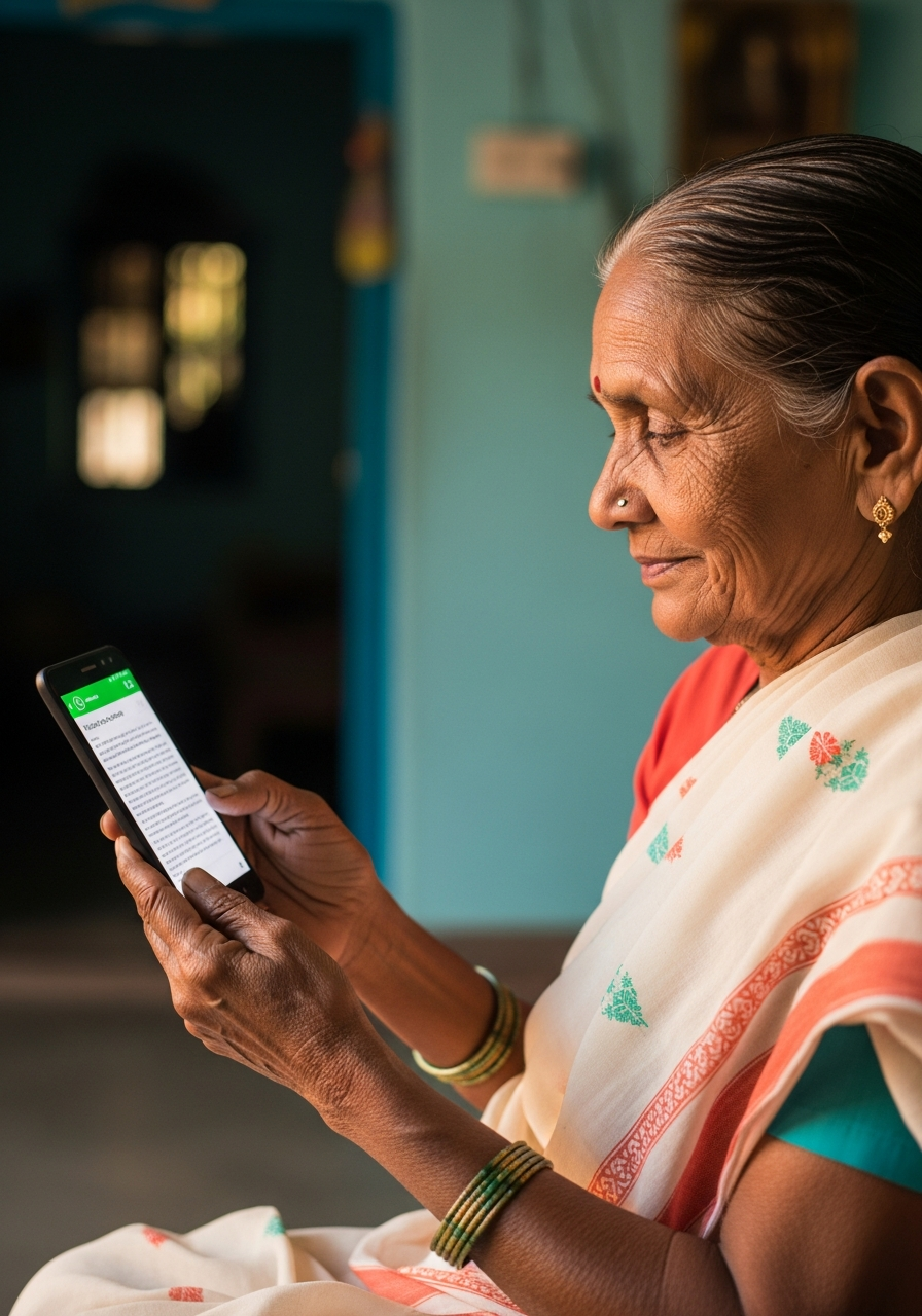 An elderly grandmother in a village home reads a WhatsApp message in Telugu on a basic Android phone.