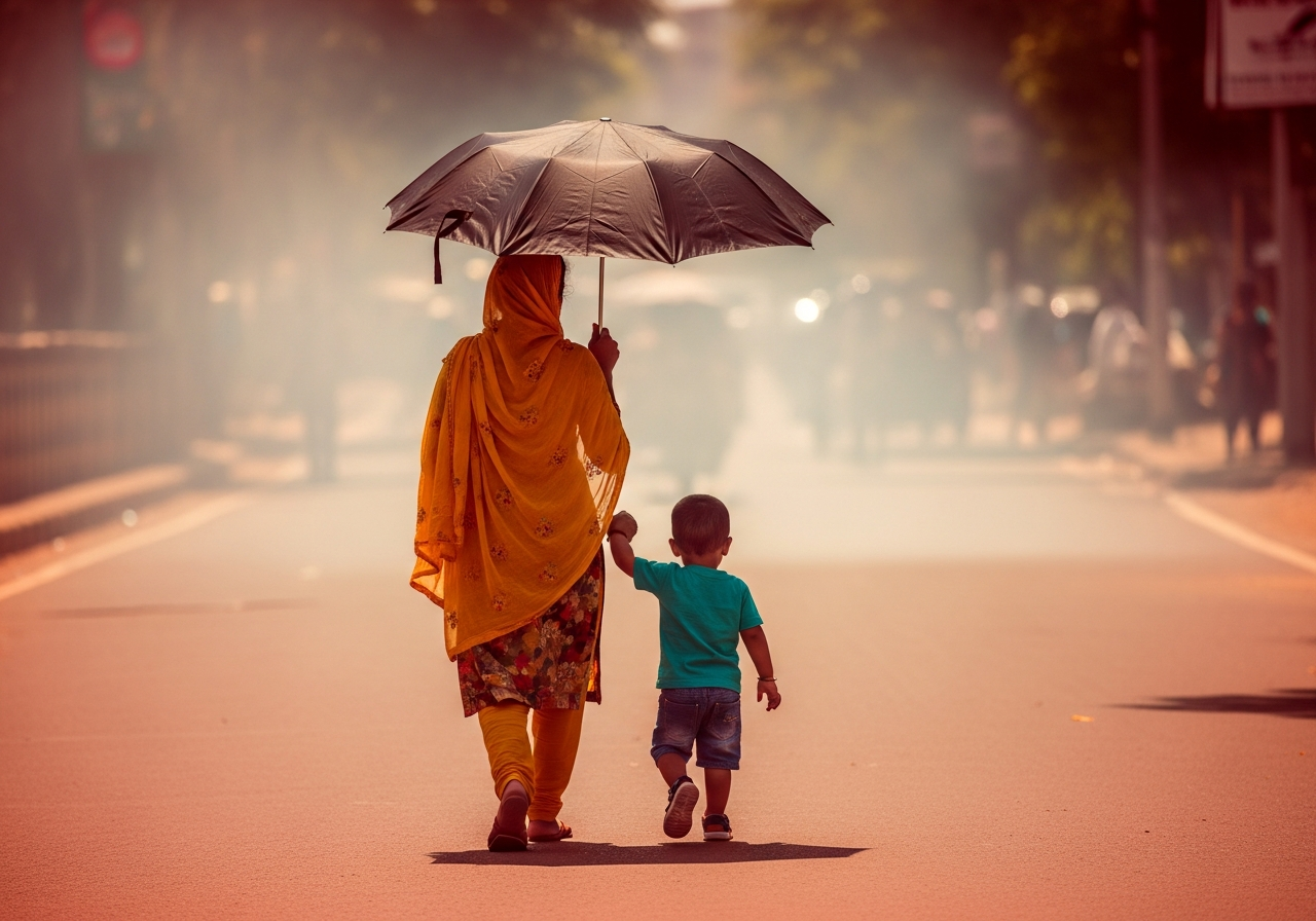 A mother shielding her toddler with an umbrella as they walk through a hot Indian street in the midday sun.