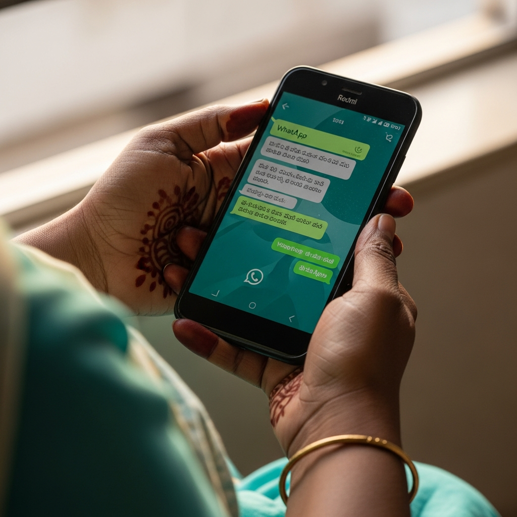 A woman's hands holding a smartphone showing a WhatsApp conversation in Telugu.